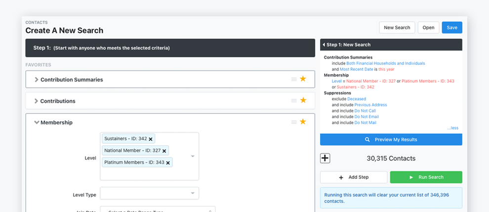 Example donor segmentation screen within Bonterra Fundraising and Engagement