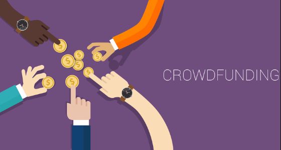 This graphic of hands pushing coins into the center of a circle promotes a crowdfunding campaign as a fundraising event idea.