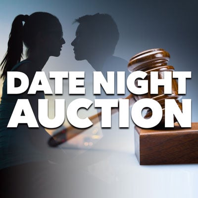 This photo of a gavel and two people reads “date night auction,” a fundraising event idea for sororities and fraternities.