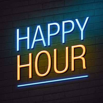 This photo of a happy hour sign outside a bar shows an event that can be adapted into a university fundraising event idea for alumni.