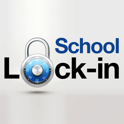 This graphic reads “school lock-in” with a combination lock, creatively demonstrating the concept behind the school fundraising event idea.