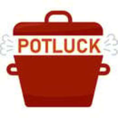 This graphic of a cooking pot that says “potluck” represents a fundraising event idea that brings the community together.