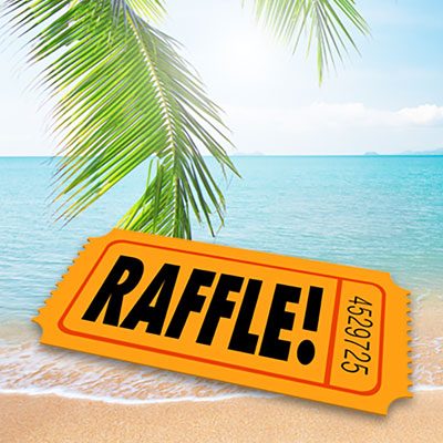 This graphic of a raffle ticket on a beach represents a travel raffle, one of the most popular fundraising event ideas among supporters who enjoy vacationing.