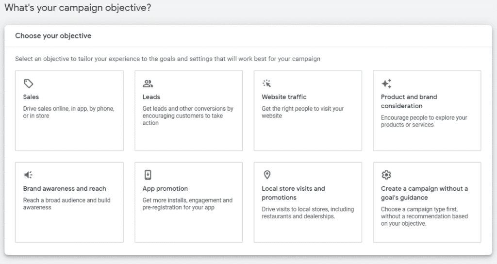 This is a screenshot of the Google Ad Grants campaign objective selection page with the objective titles listed below.