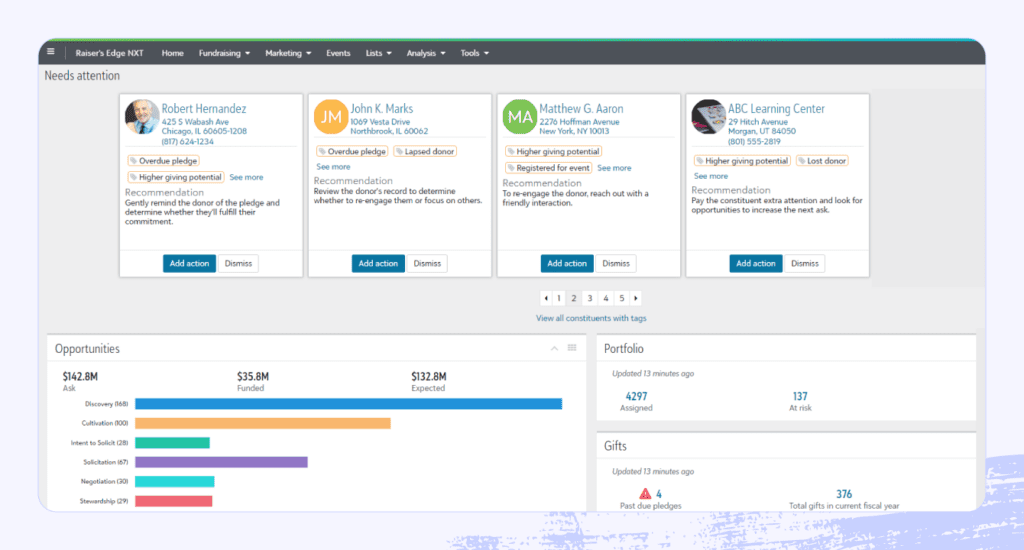 A screenshot of Blackbaud’s Raiser’s Edge NXT® donor management software.