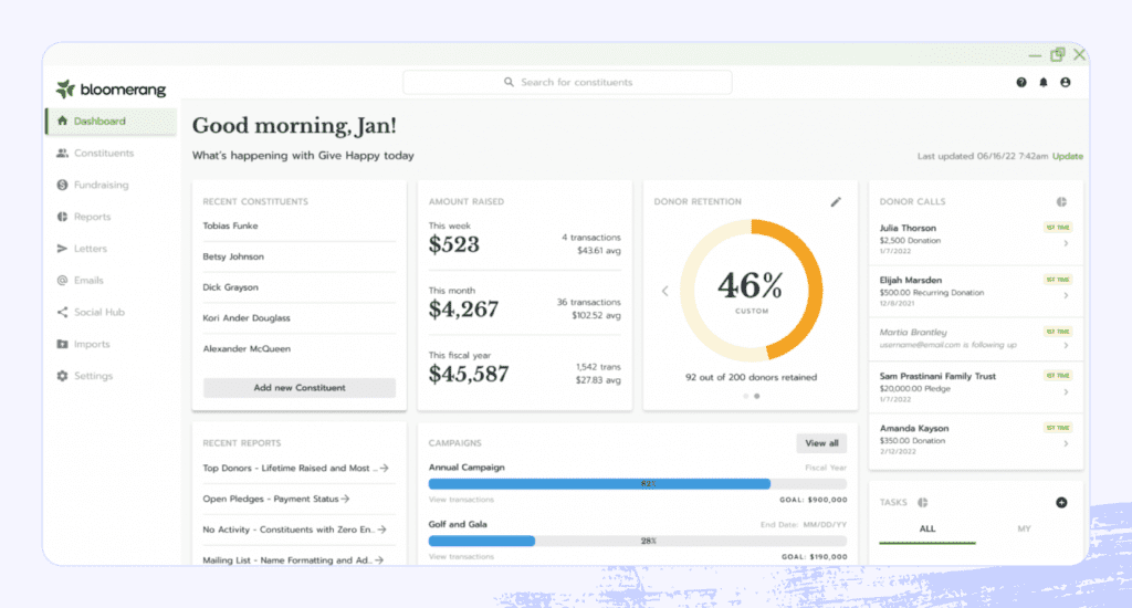 A screenshot of the Bloomerang donor management software interface.