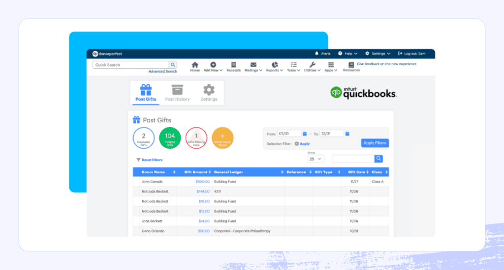 A screenshot of the DonorPerfect fundraising tool interface.