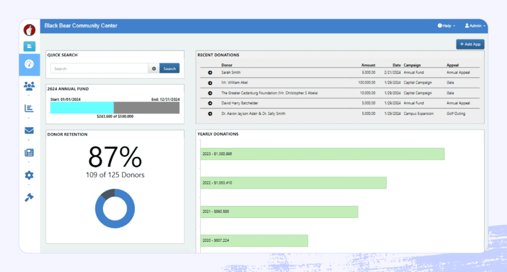 A screenshot of the DonorSnap CRM interface.