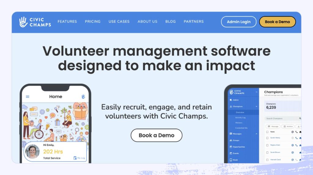 A screenshot of Civic Champ’s volunteer management software