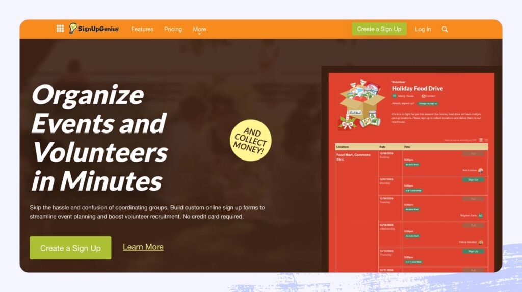 A screenshot of SignUpGenius’s volunteer management software