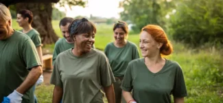 A group of volunteers outside cleaning up a park.