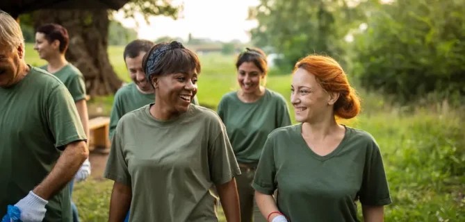 A group of volunteers outside cleaning up a park.