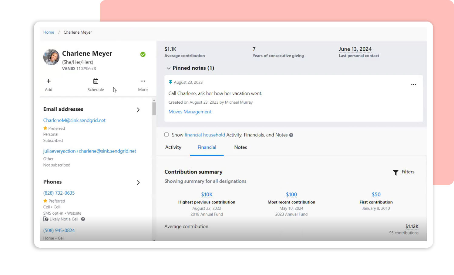 Donor profile in Bonterra Fundraising and Engagement, showing financial contributions and pinned notes about the donor