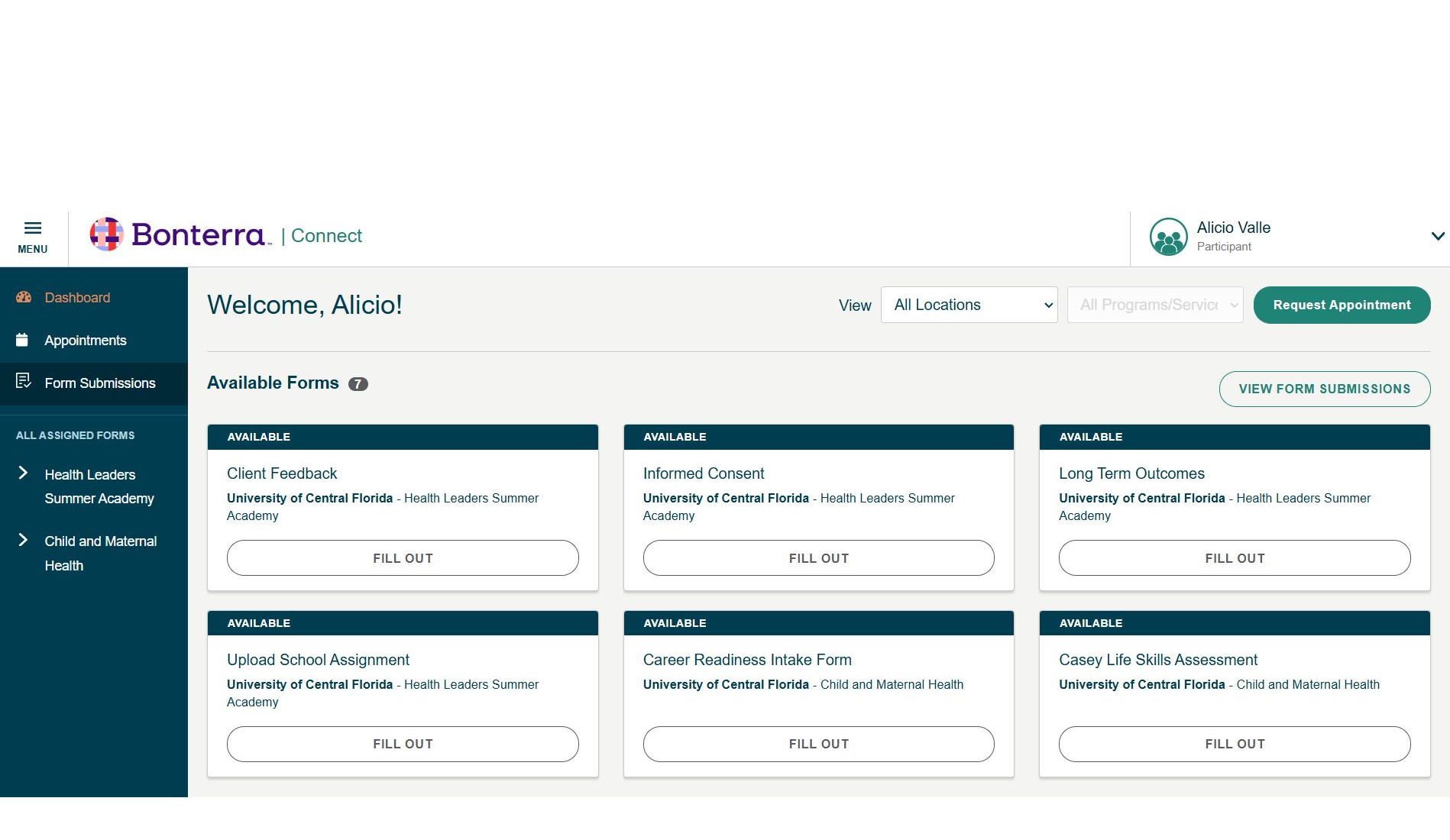 Forms submission screen on Case Management Pro