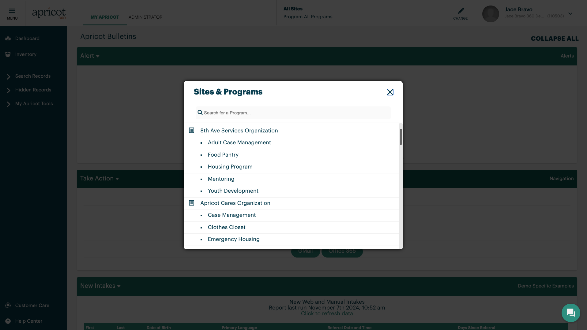 Sites & programs screen on Case Management Pro