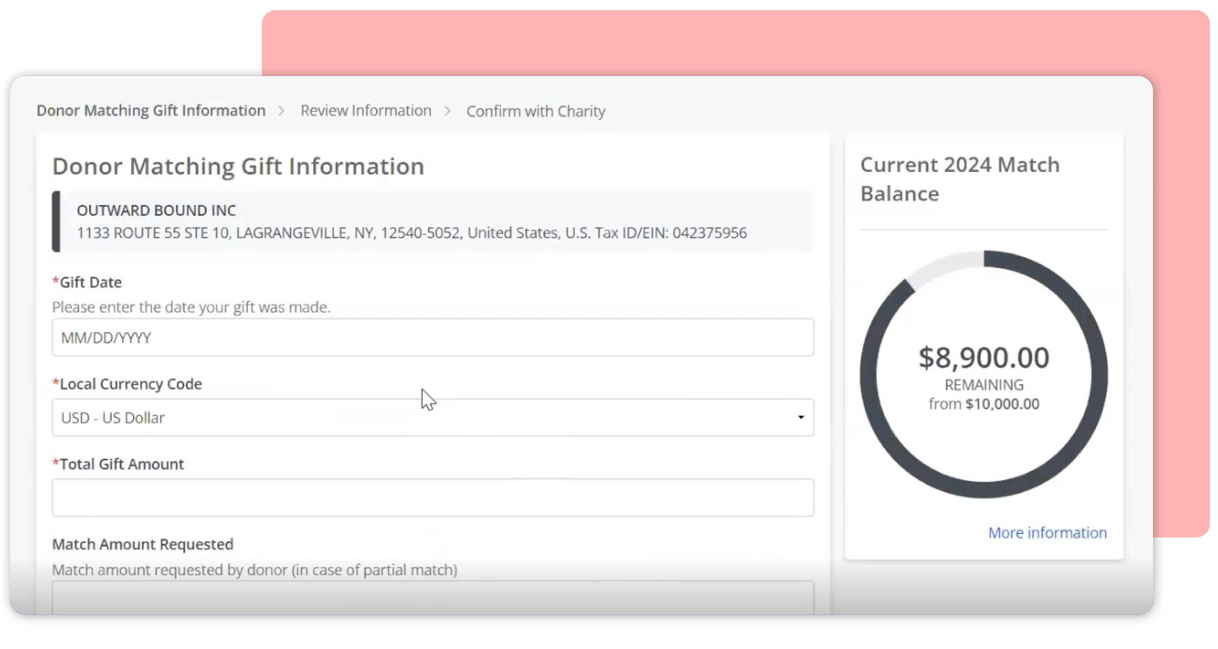 Screenshot of a matching gift form in Bonterra’s CSR software for financial institutions