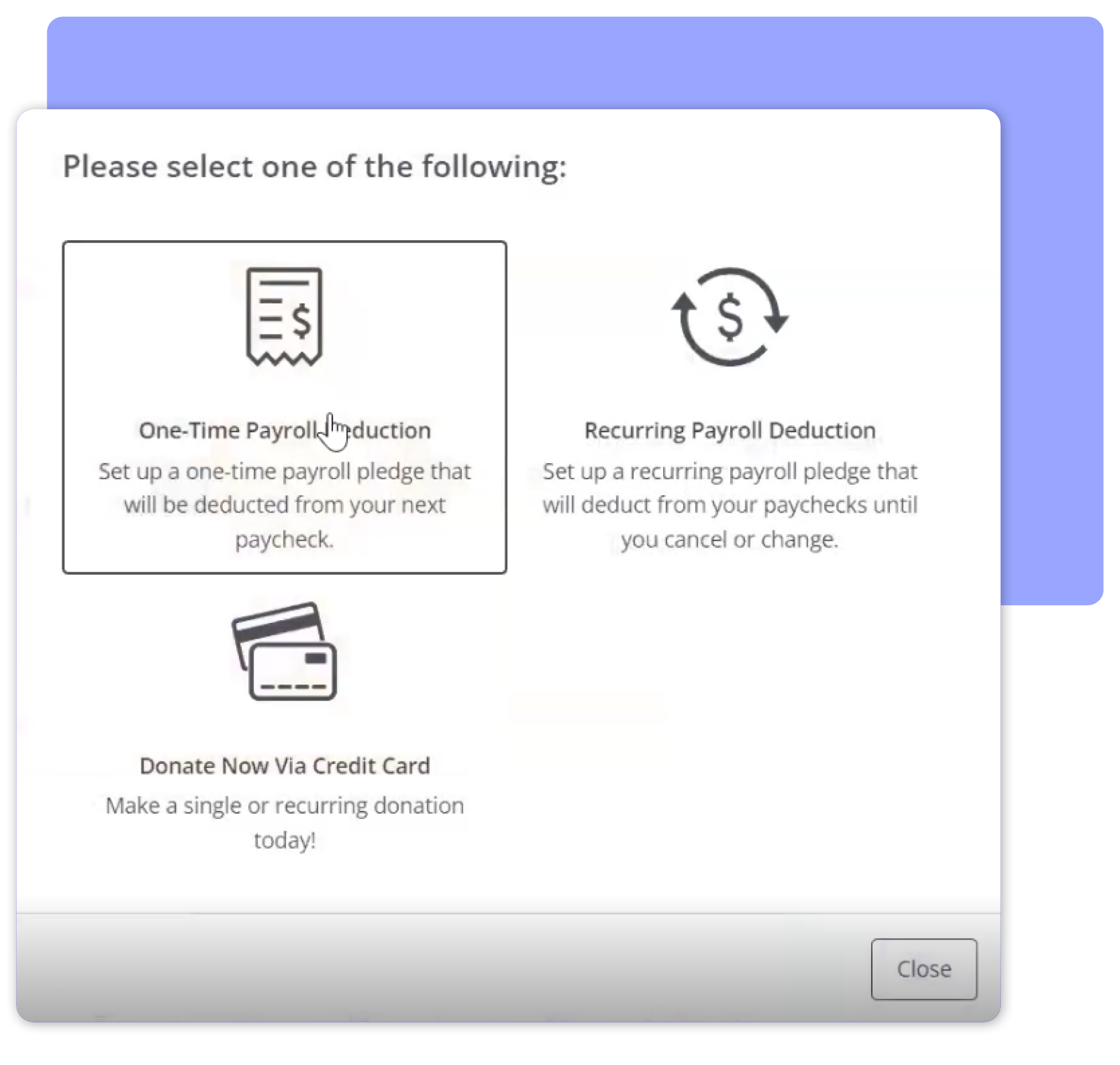 Selection screen showing options for one-time and recurring payroll deductions along with credit card giving