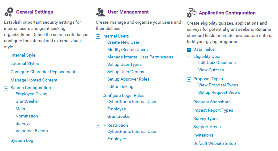 Administration screen in Grant Management