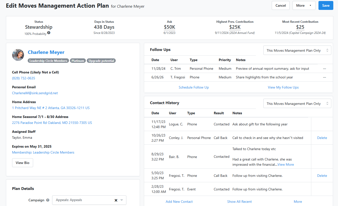 Fundraising and Engagement donor relationship screen