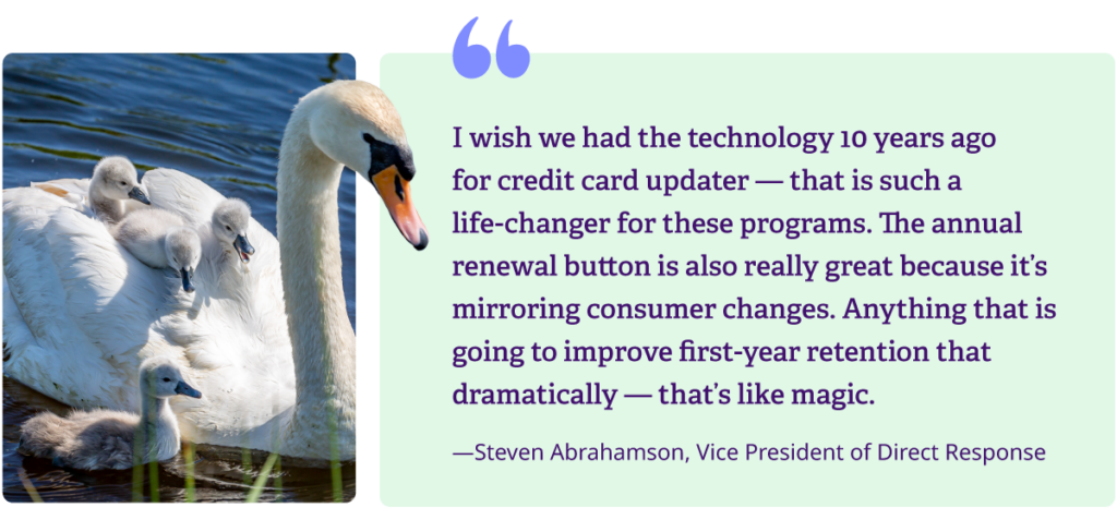 "I wish we had the technology 10 years ago for credit card updater - that is such a life-changer for these programs. The annual renewal button is also really great because it's mirroring consumer changes. Anything that is going to improve first-year retention that dramatically, - that's like magic." - Steven Abrahamson, Vice President of Direct Response