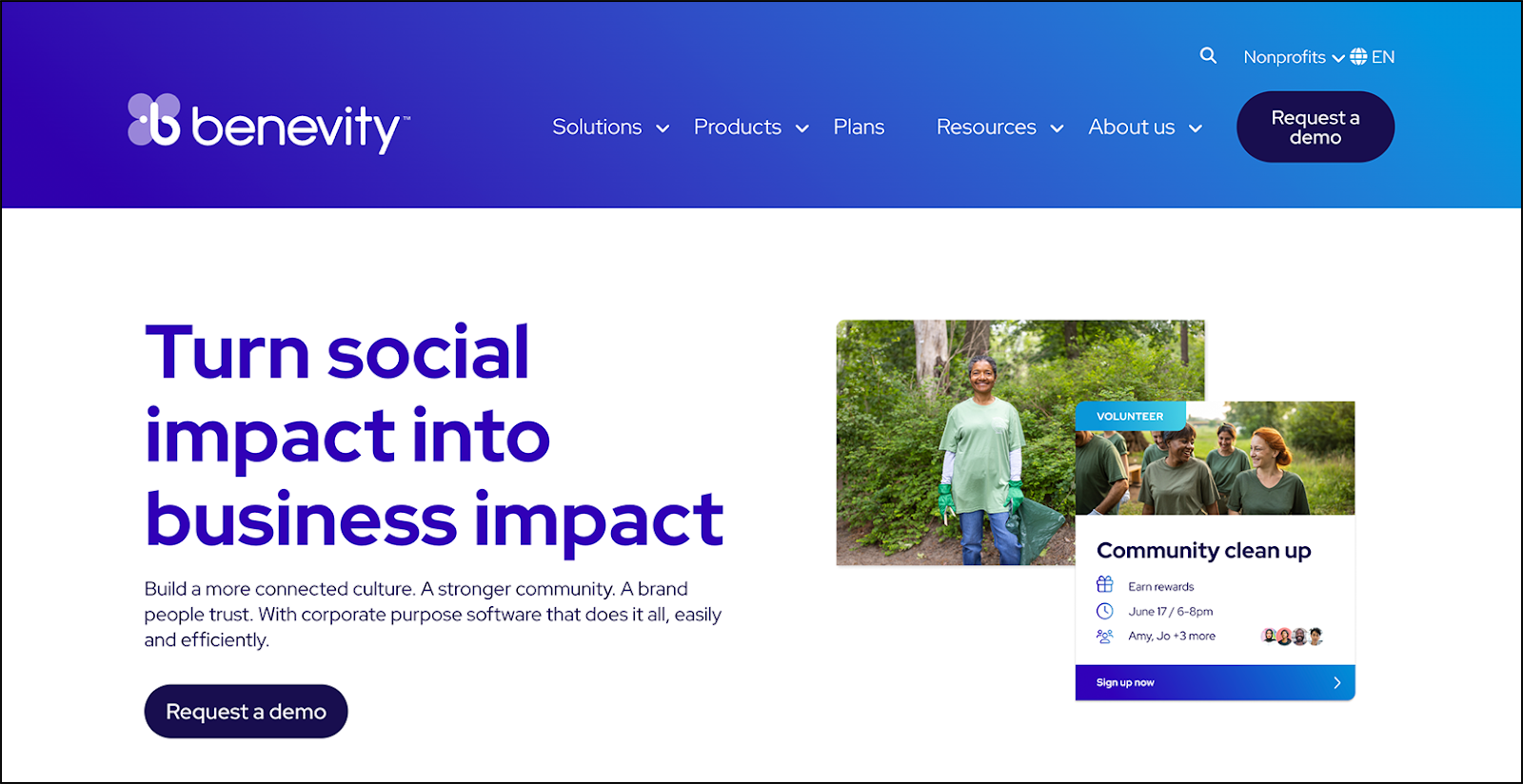 The Benevity homepage, showing information about Benevity’s corporate giving platform