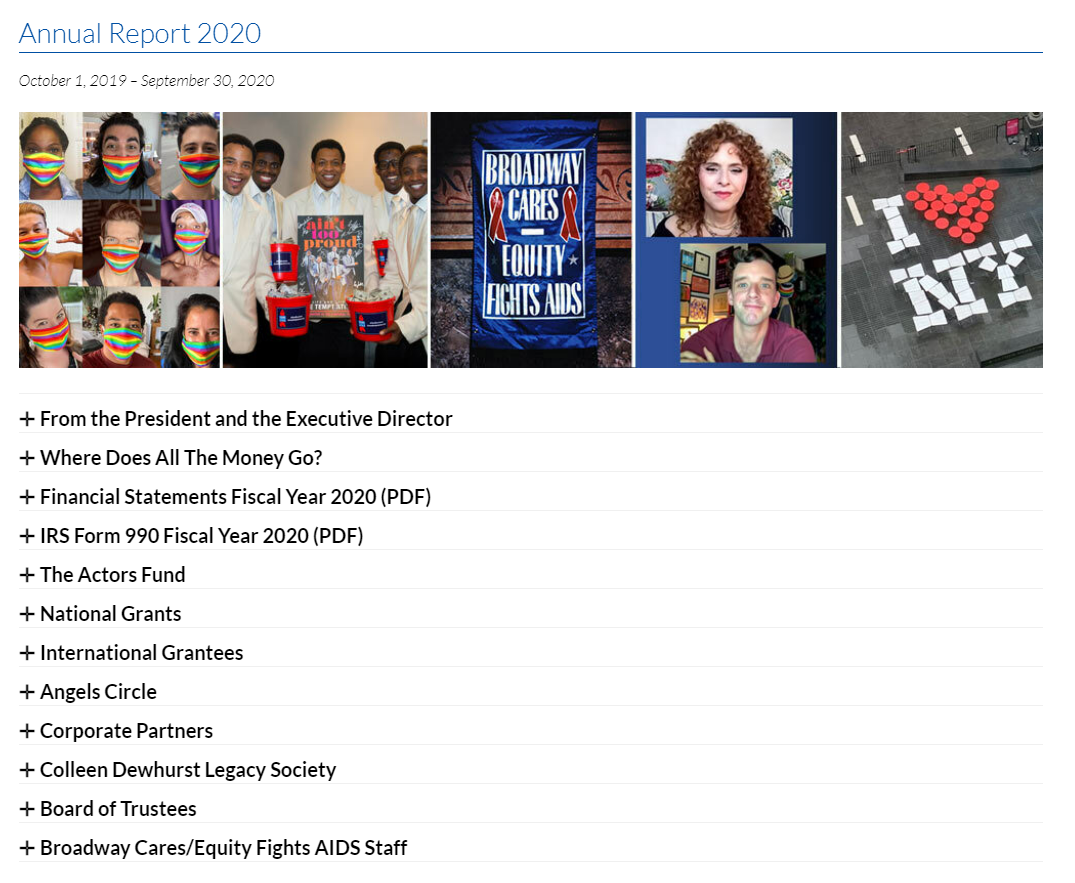 Broadway Cares has one of the best nonprofit annual reports because it’s embedded directly into the organization’s website, making it very accessible. 