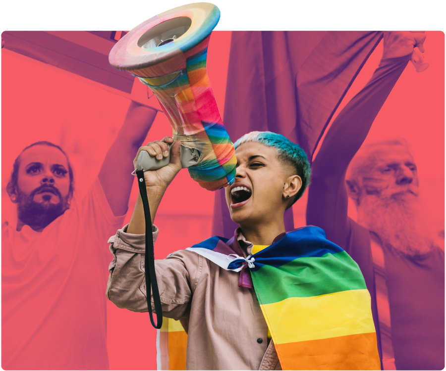 Person speaking through a megaphone at a pride rally