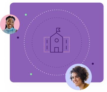 Illustrated icon of a nonprofit building, with two Bonterra Tech training specialists smiling in circular frames representing collaboration and learning.