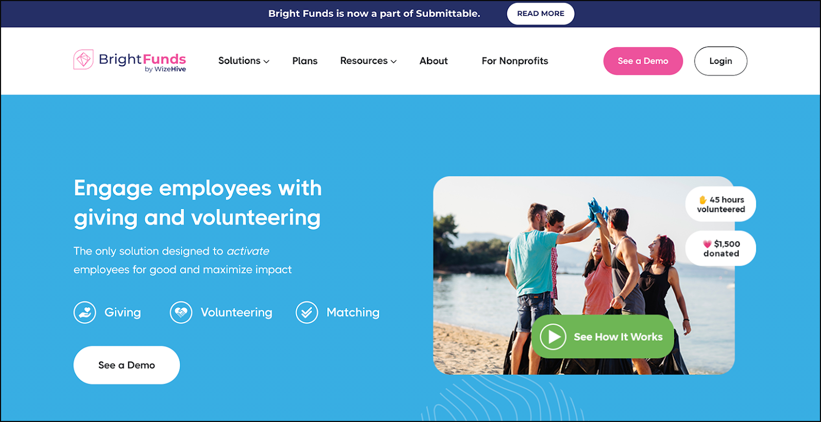 The Bright Funds homepage, promoting its corporate giving software