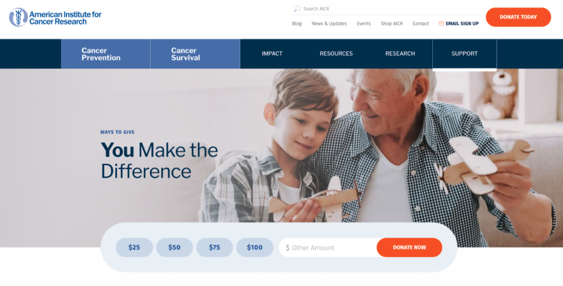 The screenshot of the American Institute for Cancer Research shows their donate button under their homepage that features suggested giving amounts and contrasting button colors.