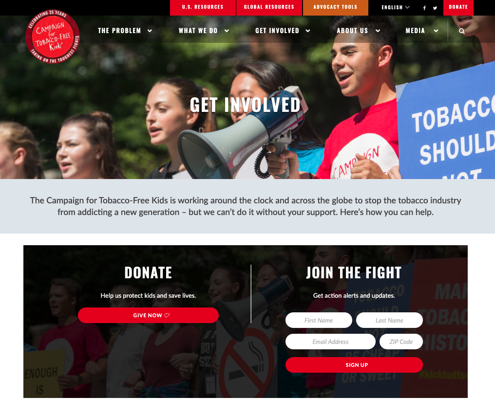 This screenshot of The Campaign for Tobacco-Free Kids' homepage shows a donate button in its menu and in the middle of its “Get Involved” page. 