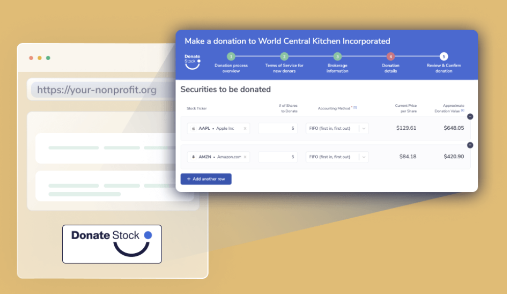 A screenshot of DonateStock’s technology, showing how stock can be donated to a nonprofit.