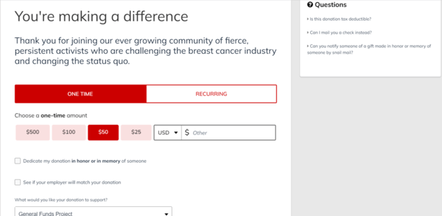 Screenshot of Breast Cancer Action’s red and white, streamlined donation page design.