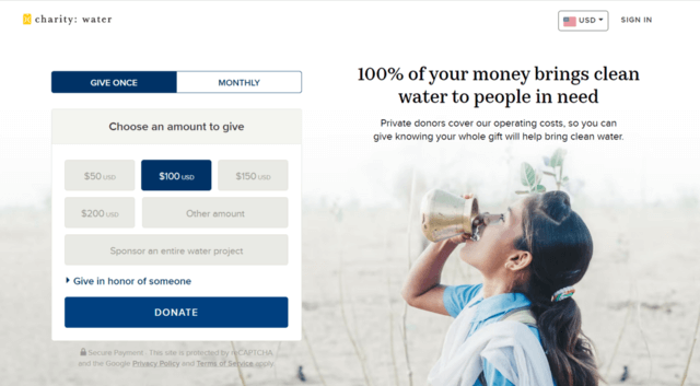 Screenshot of charity: water’s donation page design, which has an adjustable layout for different screen sizes.