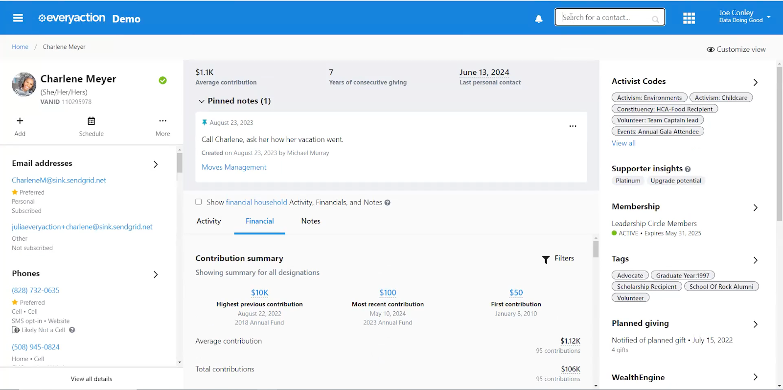 Customer view of Bonterra's Fundraising and Engagement donor database