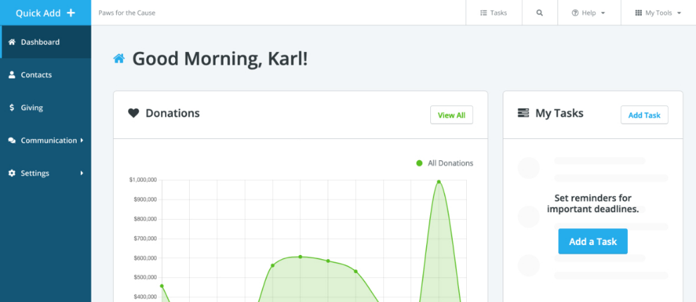 A dashboard within Bonterra Guided Fundraising, the #1 donor management software for nonprofits