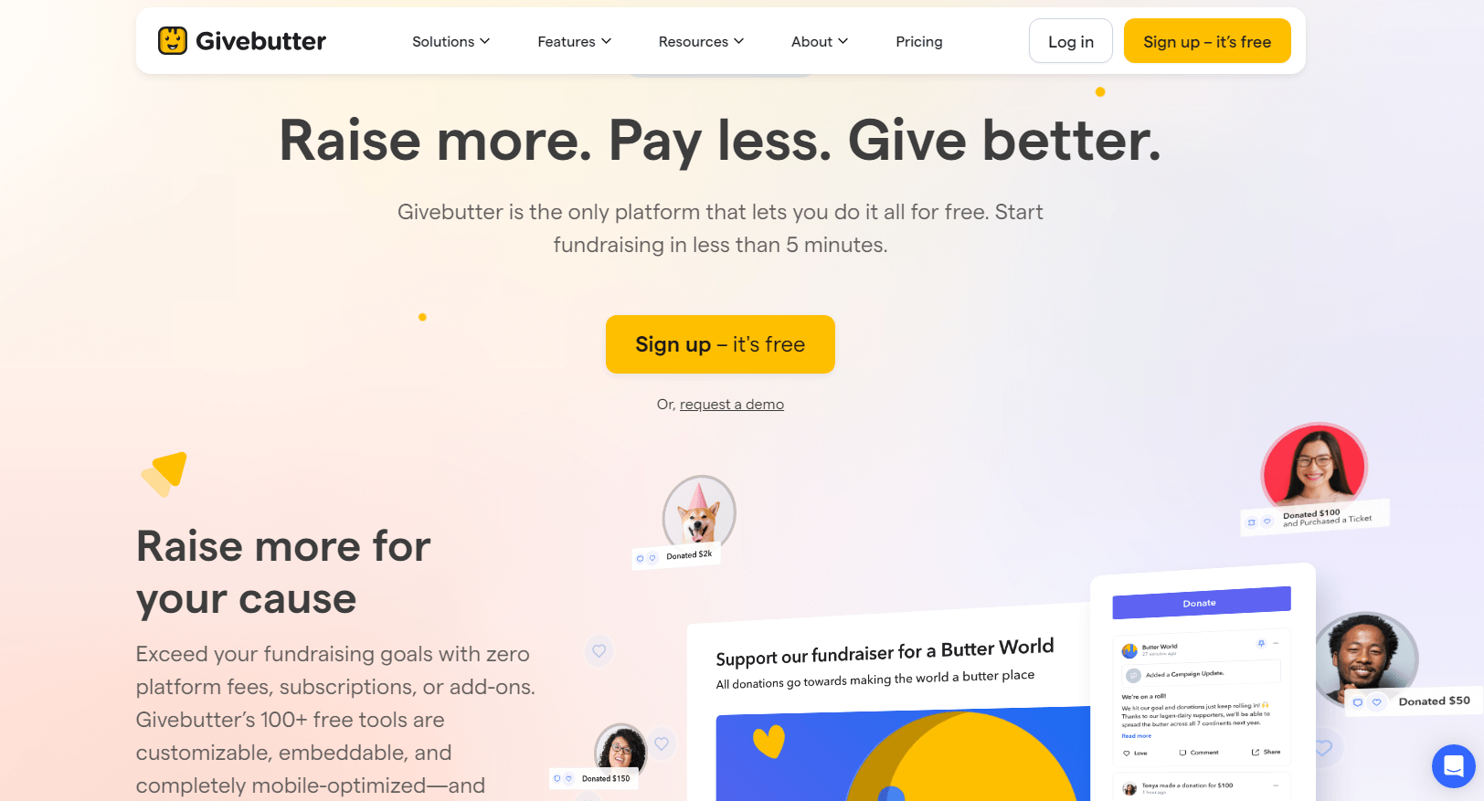 Screenshot of Givebutter’s homepage, promoting its donor management system