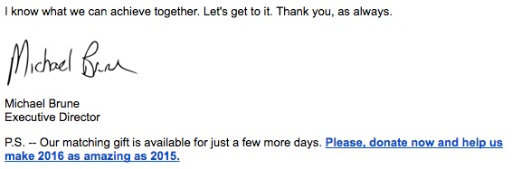 This email sign-off that empowers fundraising messengers includes a personal signature and a final call to action with a specific timeframe.