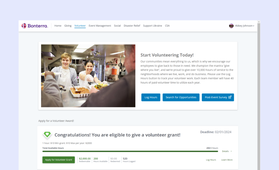 Featured volunteer opportunity on a dashboard within a workplace giving platform