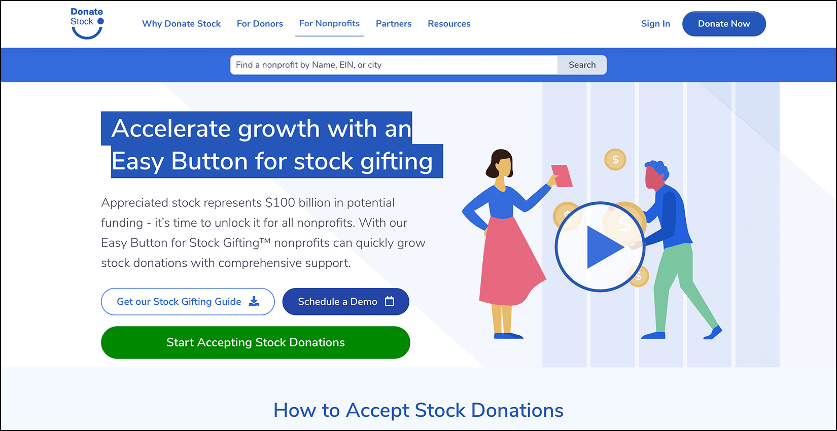 Screenshot of a web page describing Donate Stock, fundraising software for nonprofits that allows you to accept stock donations