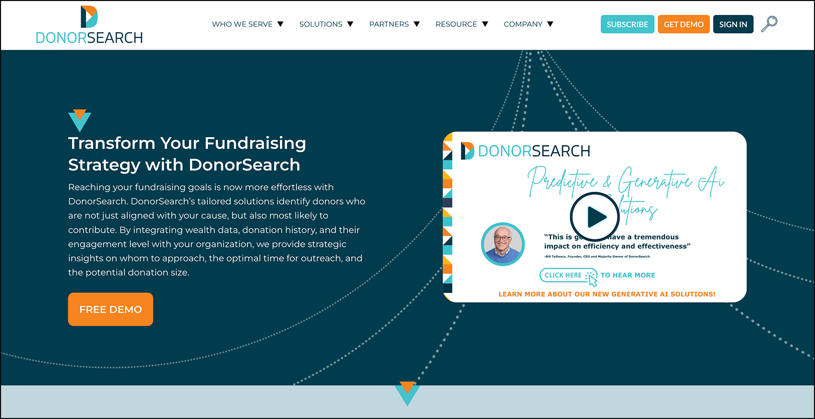 Screenshot of a web page describing DonorSearch’s fundraising software for nonprofits