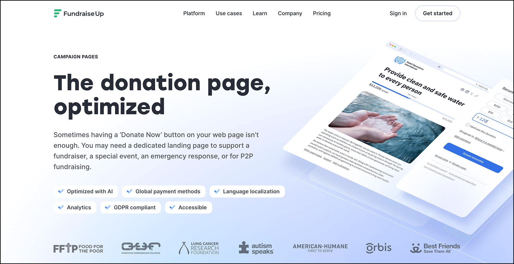 Homepage for Fundraise Up, a fundraising solution designed for online giving