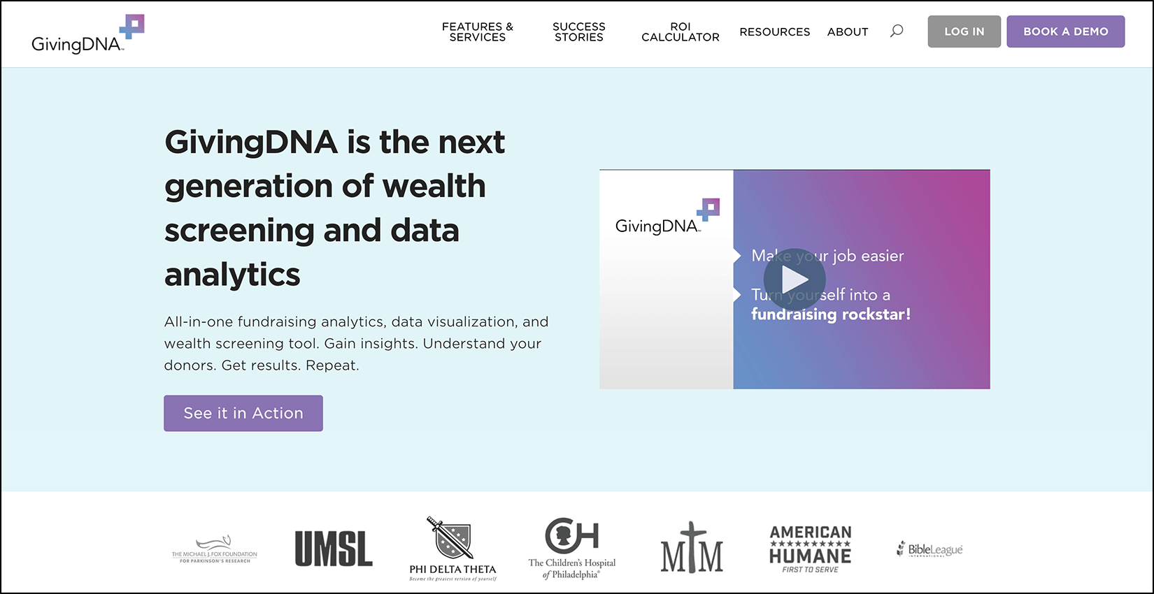 Web page showing GivingDNA’s nonprofit fundraising software