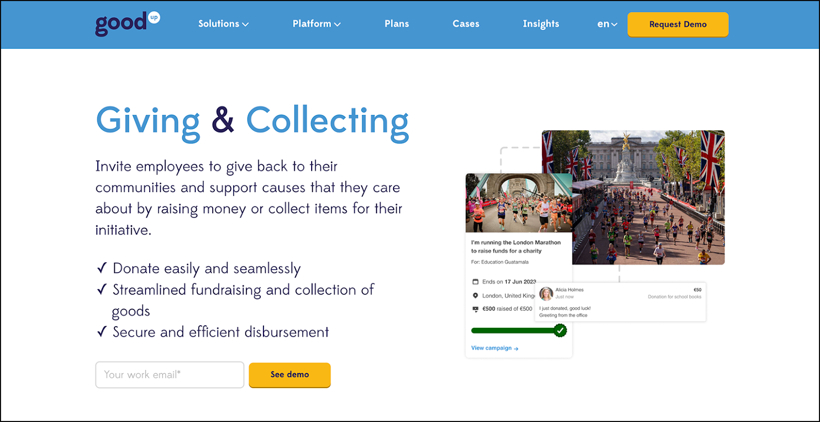 Web page describing the GoodUp employee giving platform