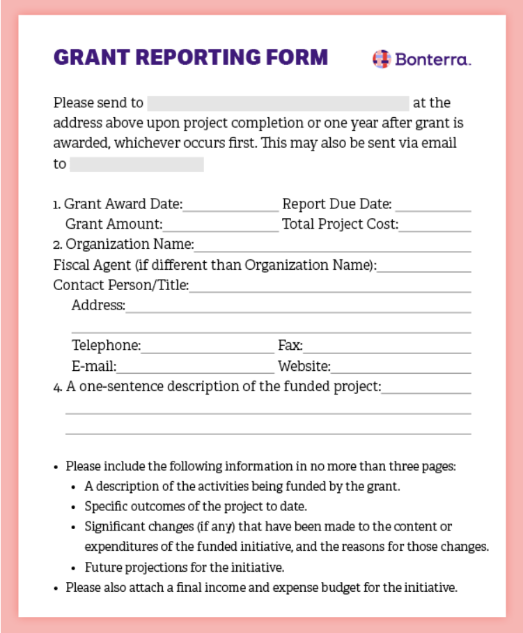 This is a one-page grant reporting form template that includes the essentials of how to write a grant report, which are discussed in the text below.