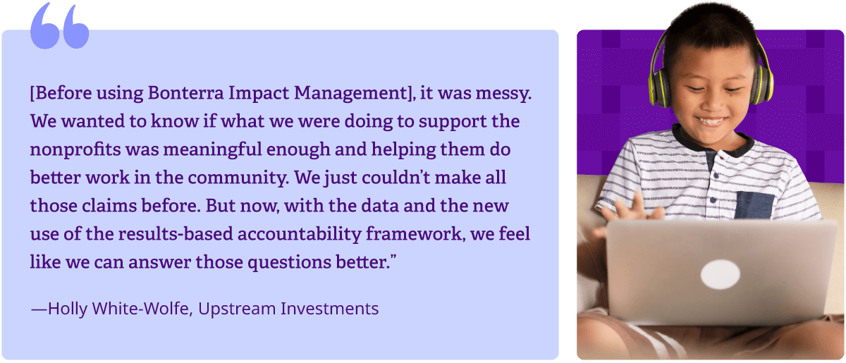 Quote from a Bonterra Impact Management customer, explaining how the software helped them improve impact measurement and create a results-based accountability framework