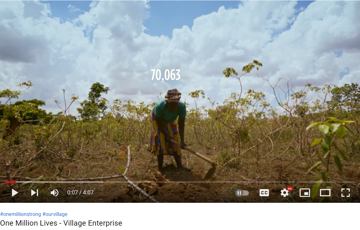 This screenshot of a Village Enterprise video called “One Million Lives” shows a beneficiary working in a field before asking for monthly donations. 