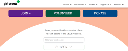 This screenshot shows the nonprofit About page for the Girl Scouts of the USA, which offers multiple calls to action.