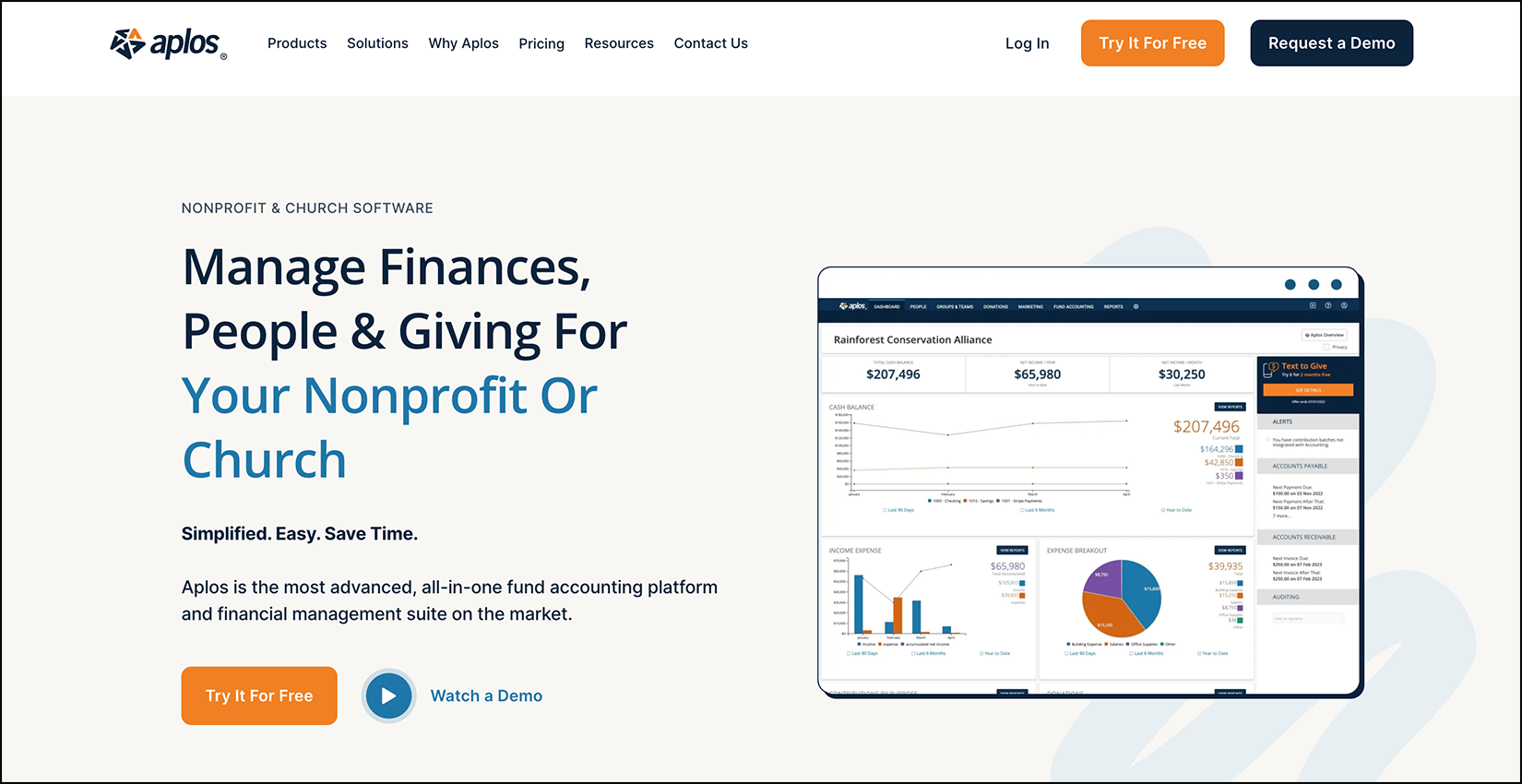 Screenshot of the homepage for Aplos, a CRM for nonprofits and churches