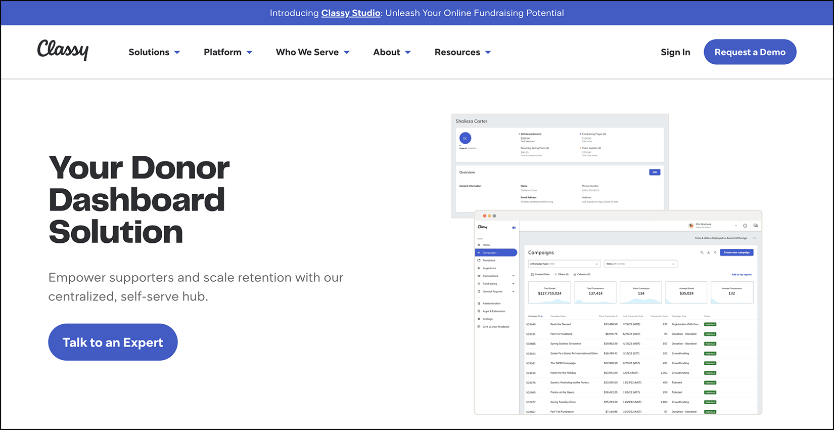 A web page showing Classy, a tool that can integrate with your nonprofit CRM